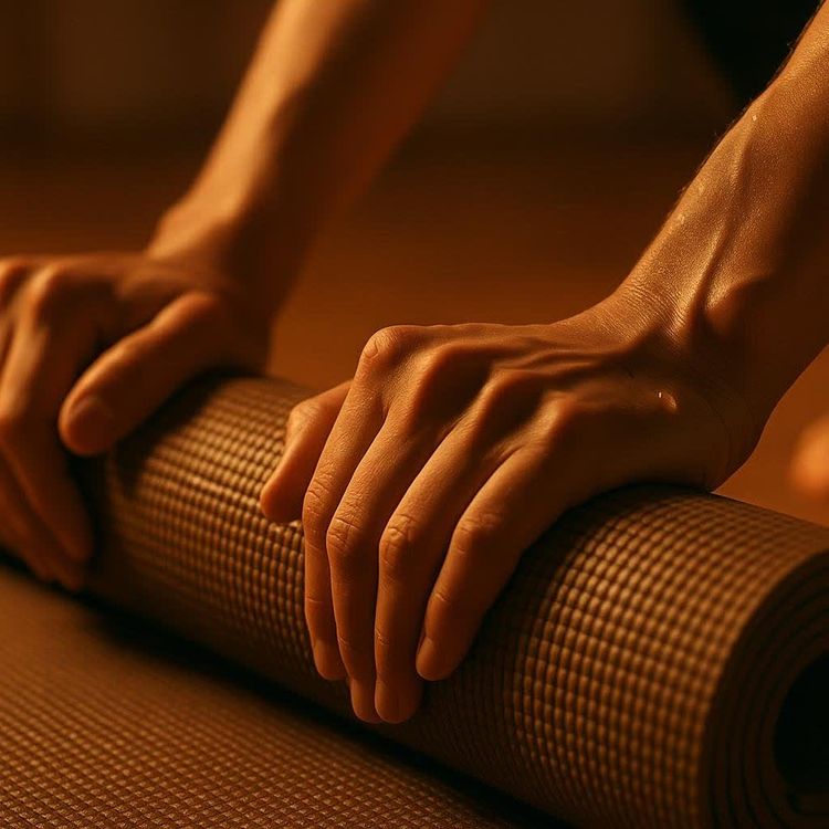 Close up of hands gripping a fitness mat with a bead of sweat in warm lighting