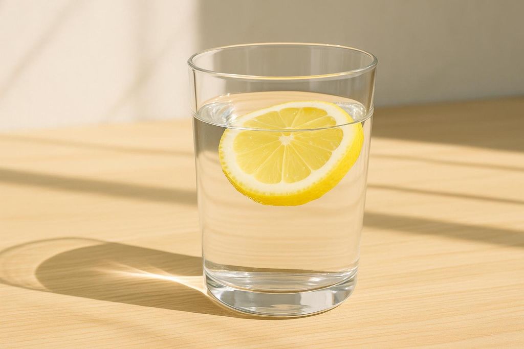 A glass of water with a slice of lemon floating in it. Sunlight streams across the wooden surface.