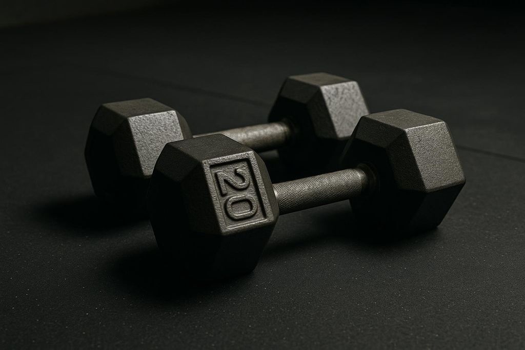 Two dark grey 20-pound dumbbells resting on a black gym floor, with the '20' clearly visible on the nearest dumbbell.