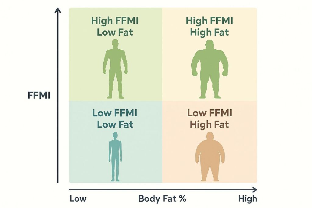 A four-quadrant chart illustrating the relationship between FFMI (Fat-Free Mass Index) and body fat percentage. The chart is divided into four sections: High FFMI, Low Fat (muscular and lean figure); High FFMI, High Fat (muscular and bulky figure); Low FFMI, Low Fat (thin figure); and Low FFMI, High Fat (obese figure).