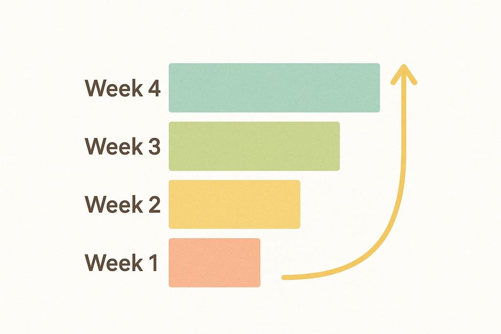A bar chart showing progress across four weeks. Each week is represented by a horizontal bar, increasing in length from Week 1 (shortest, orange) to Week 4 (longest, green). A curved yellow arrow points upwards, from Week 1 to Week 4, symbolizing increasing progress.