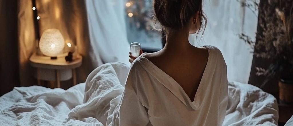 A woman sits in bed, holding a drink and looking out the window.