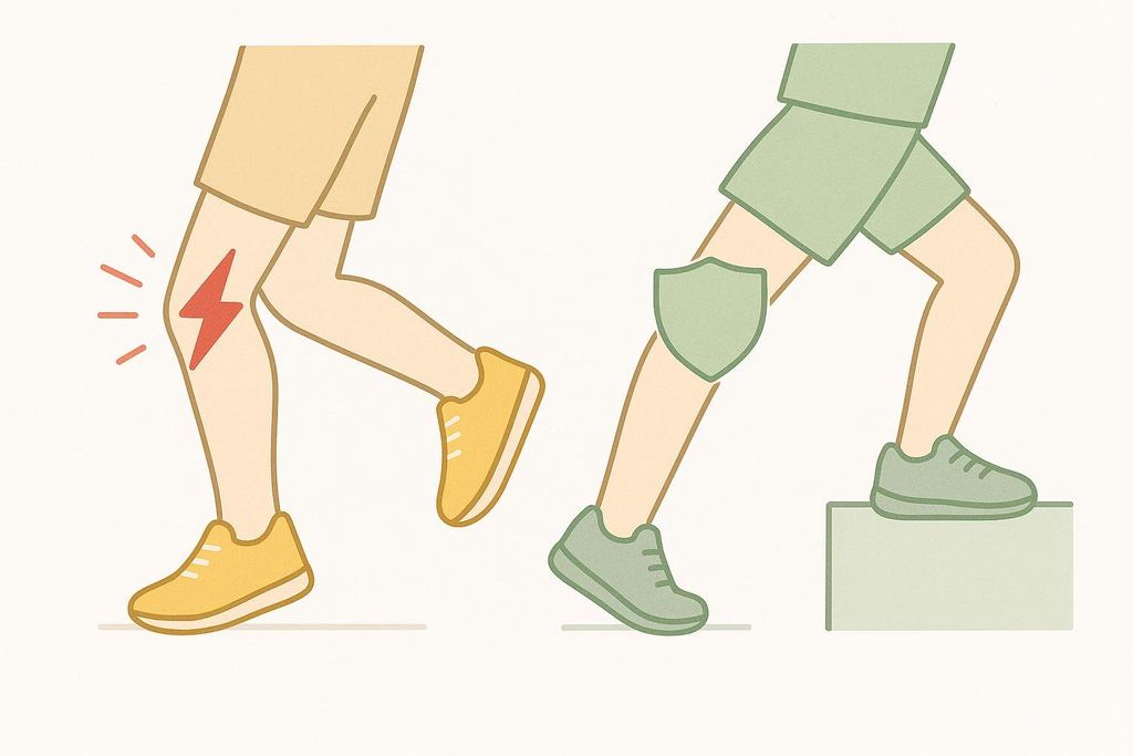 An illustration comparing high-impact running, shown with a lightning bolt on the knee indicating pain, to the low-impact, joint-friendly nature of a stair-climber, depicted with a shield on the knee.