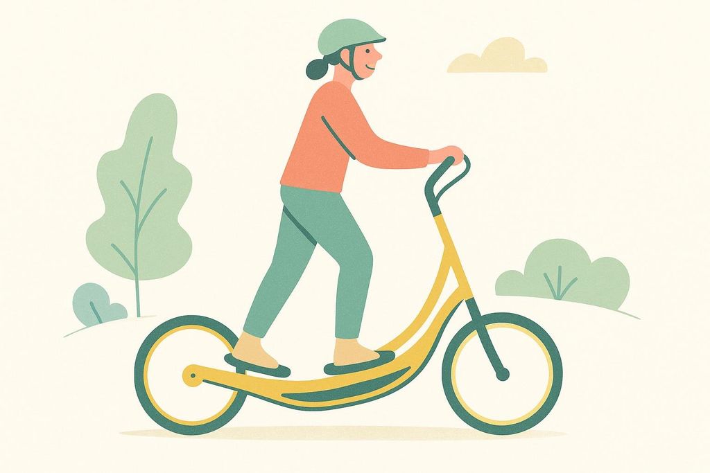 An illustration of a person wearing a helmet and casual clothes, riding an elliptical bike with a smiling expression. The background features stylized trees and clouds, suggesting an outdoor setting.