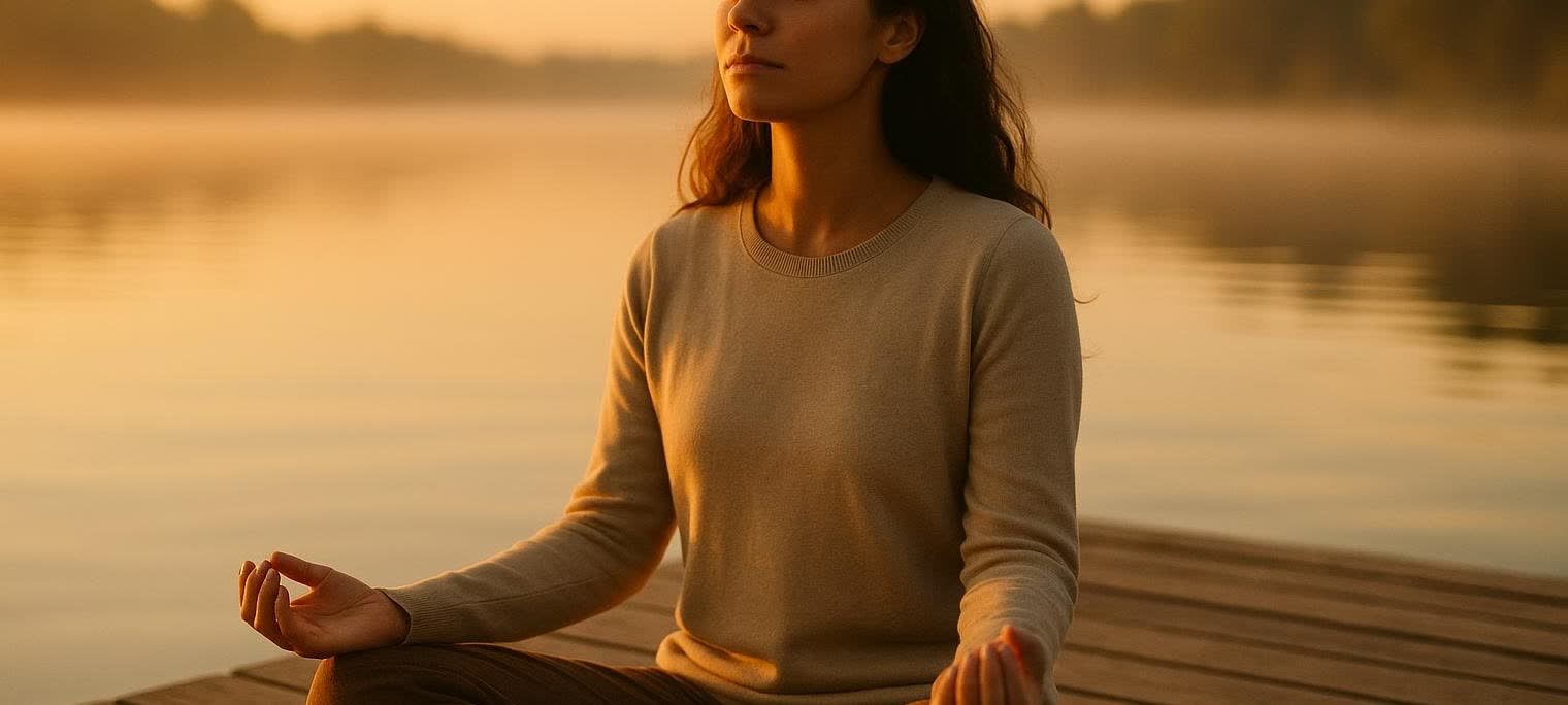 A woman with her eyes closed, meditating in a lotus position on a wooden dock by a calm body of water, with the warm glow of sunrise filling the background.