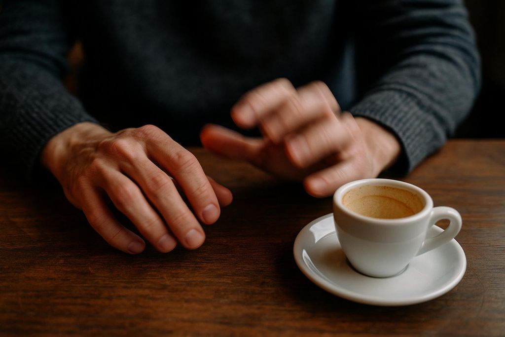 Close-up of a person's hands on a dark wooden table, one hand still and the other blurry, appearing to tap or move nervously. A small white espresso cup with a saucer sits to the right, mostly empty. The image conveys anxiety or restlessness.