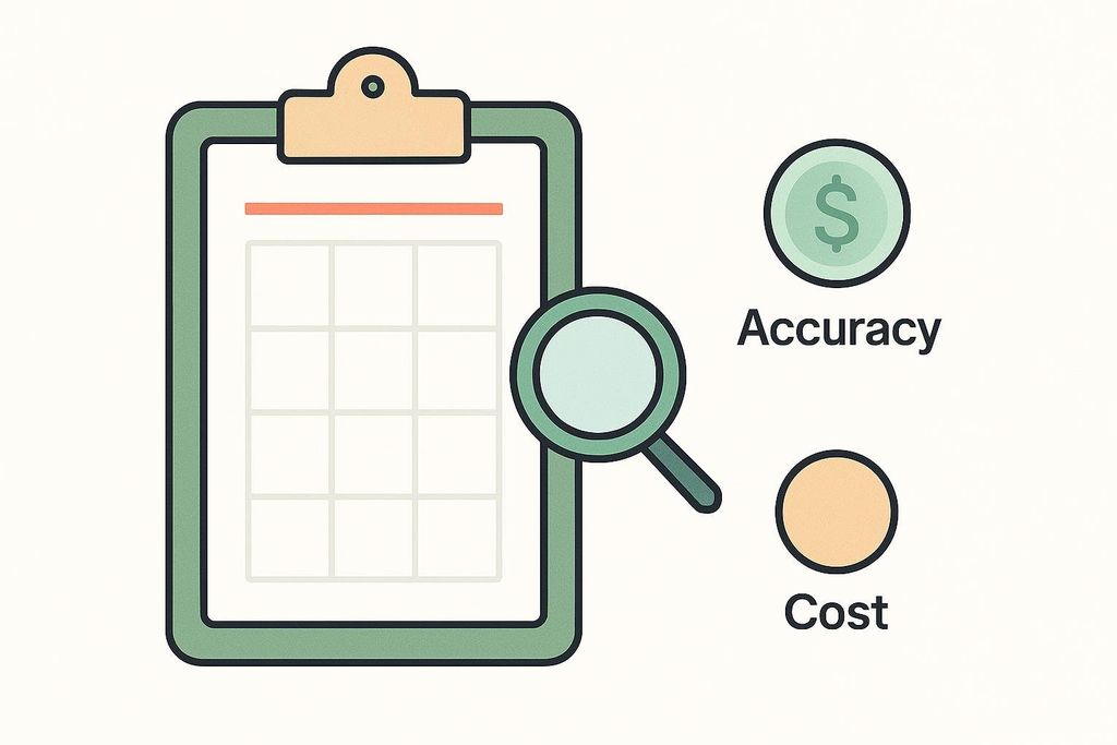 An illustration showing a clipboard with a grid on it, a magnifying glass, and two circular icons. One icon contains a dollar sign and the word 'Accuracy', and the other is a blank circle with the word 'Cost'.