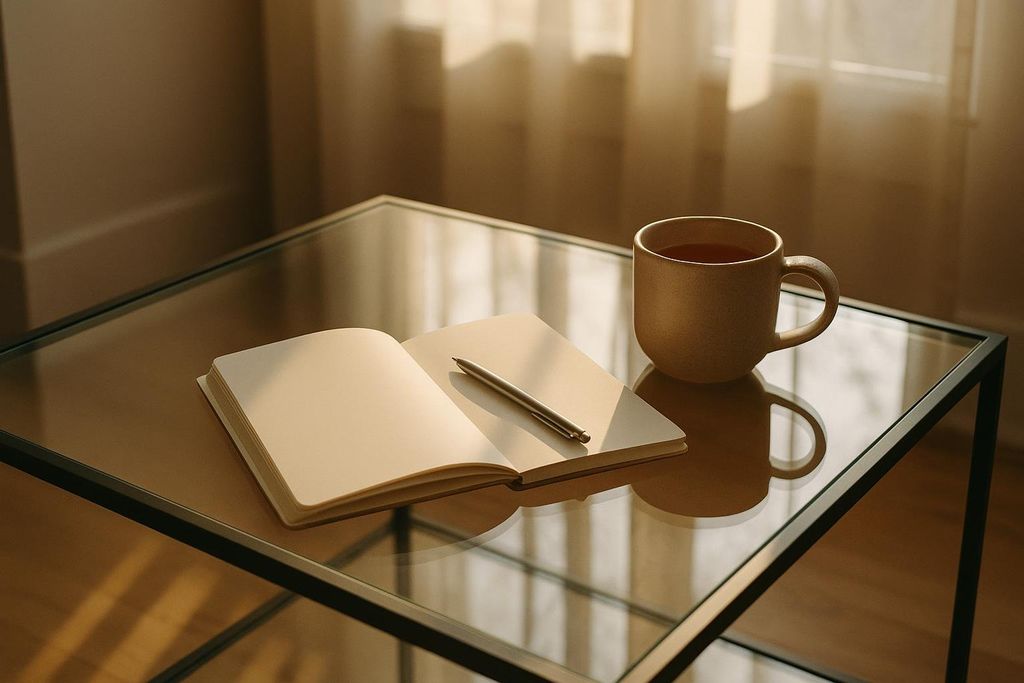 A notebook, a pen, and a mug of tea resting on a table by a window.