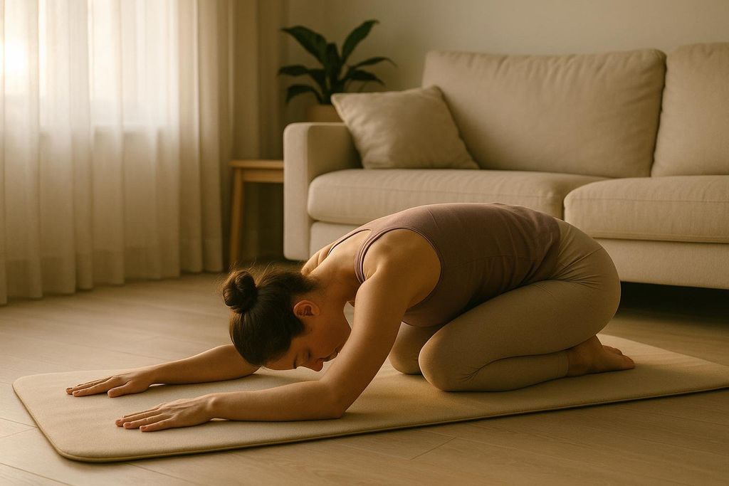 A woman in a light brown tank top and leggings on a yoga mat performing a child's pose in a bright living room. A beige sofa is visible in the background.