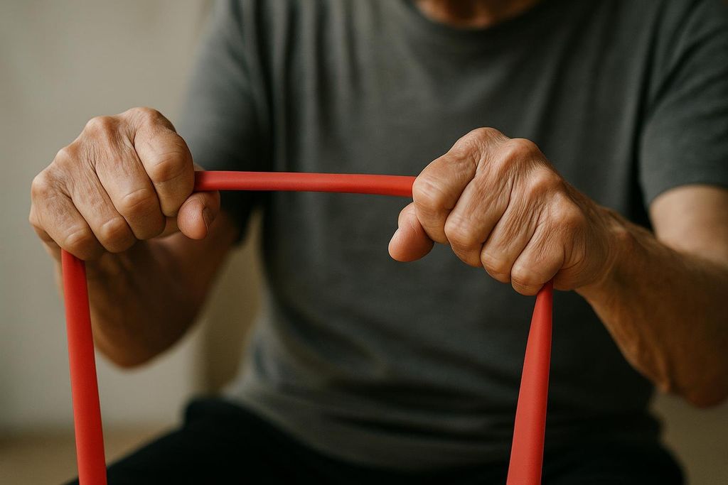 Close-up of an elderly person's hands gripping a red resistance band, likely performing an exercise.