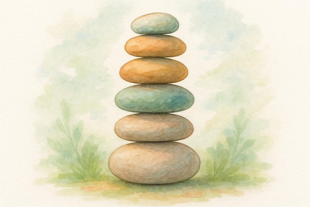 A serene watercolor painting depicting a cairn of seven smooth, rounded stones stacked vertically. The stones vary in soft shades of grey, pale blue, and warm orange-brown. The background is a soft, blurred wash of light green and blue, suggesting foliage or a natural, peaceful setting.