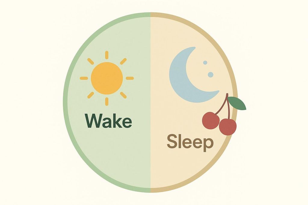 A circular diagram illustrating the sleep-wake cycle. The left side, labeled 'Wake' with a yellow sun icon on a light green background, represents daytime. The right side, labeled 'Sleep' with a light blue crescent moon and two red cherries on a light beige background, represents nighttime.