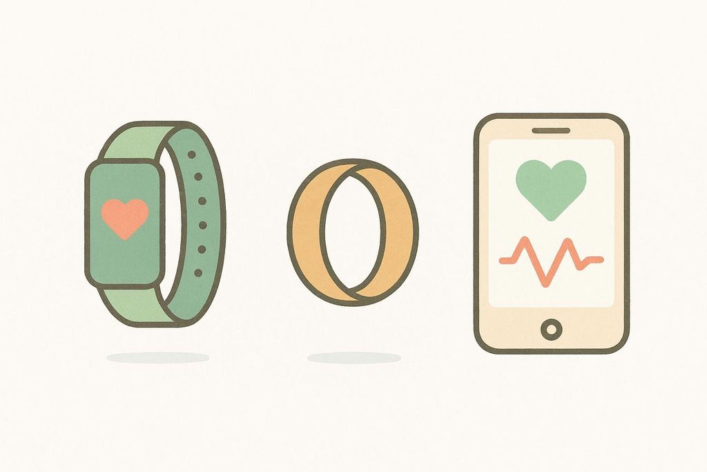 Three icons representing health trackers. From left to right: a green smartwatch with a heart symbol, a gold Oura ring, and a smartphone displaying a heart and a heartbeat line. The icons are in a cartoon-like style on a light background.