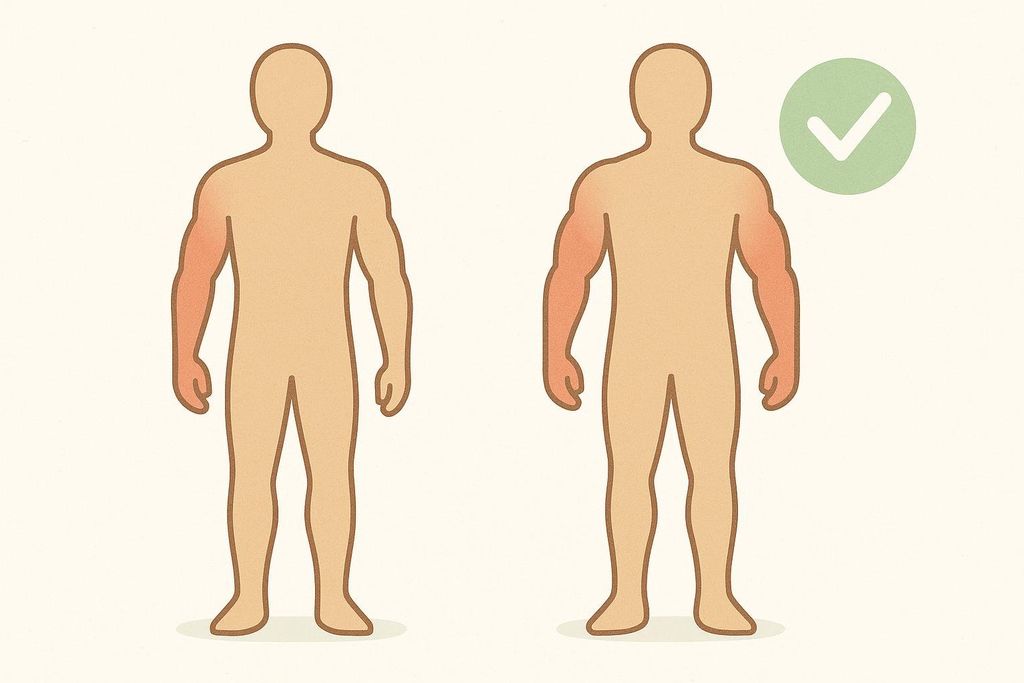 Illustration comparing two stylized human figures. On the left, a figure has a disproportionately larger and more defined right arm (shaded orange) compared to the left, representing muscle imbalance. On the right, a figure shows both arms (shaded orange) to be equally large and defined, indicating balanced muscle mass. A green checkmark is next to the balanced figure.