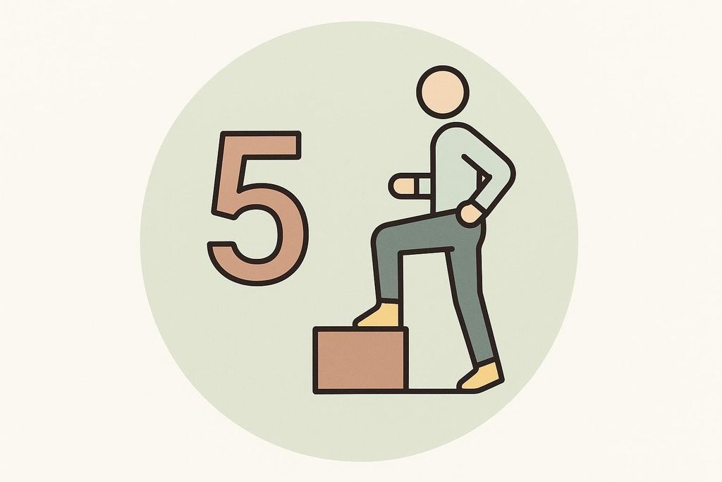 Icon showing the number 5 next to a person stepping onto a block, symbolizing a 5-step or 5-move routine or process.