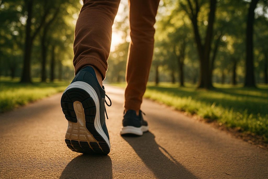 Close-up of a person's feet in walking shoes on a paved park path, with sunlight filtering through trees in the background, illustrating outdoor activity.