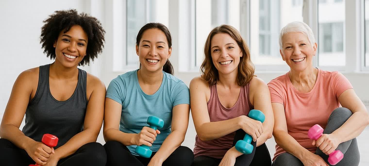 Four diverse women of different ages, smiling and sitting in a gym, each holding a dumbbell. They are wearing athletic wear. From left to right: a Black woman with curly hair, an Asian woman with dark hair, a Caucasian woman with brown hair, and a Caucasian woman with short white hair. In the background are large windows.