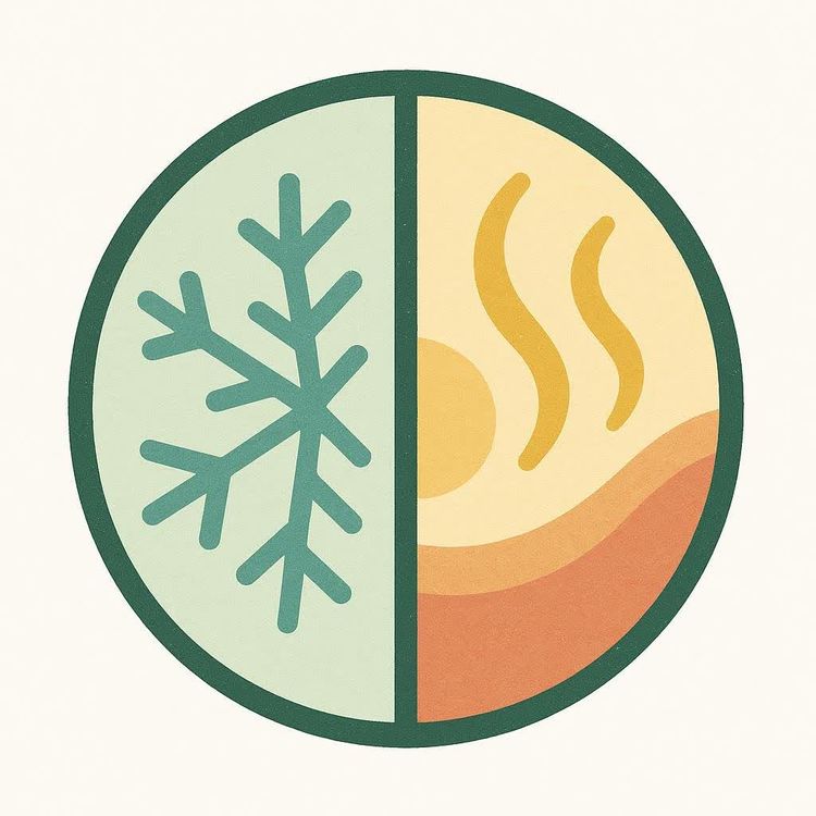 A circular icon split horizontally between a snowflake and a stylized flame.