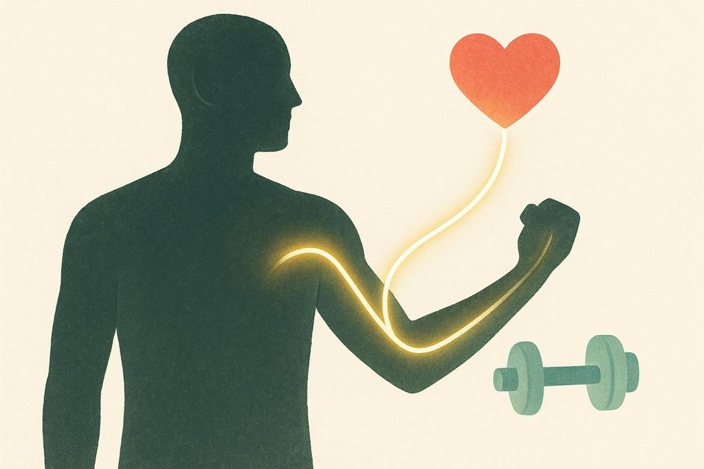An abstract illustration depicts a dark green human silhouette with a glowing yellow line extending from the chest, down the arm and into a clenched fist. This line then connects to a red heart icon above and a green dumbbell icon below, symbolizing the connection between grip strength and overall health.