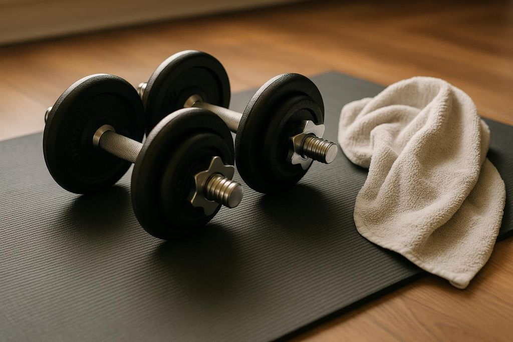Two black dumbbells and a white towel rest on a dark grey gym mat. The wooden floor is visible in the background, suggesting an indoor workout setting.