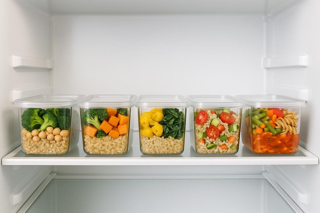 Five clear rectangular containers filled with various vegetarian meal prep ingredients are neatly arranged on a white shelf inside a refrigerator. The meals include ingredients like broccoli, chickpeas, sweet potatoes, spinach, pasta, and mixed vegetables with sauce.