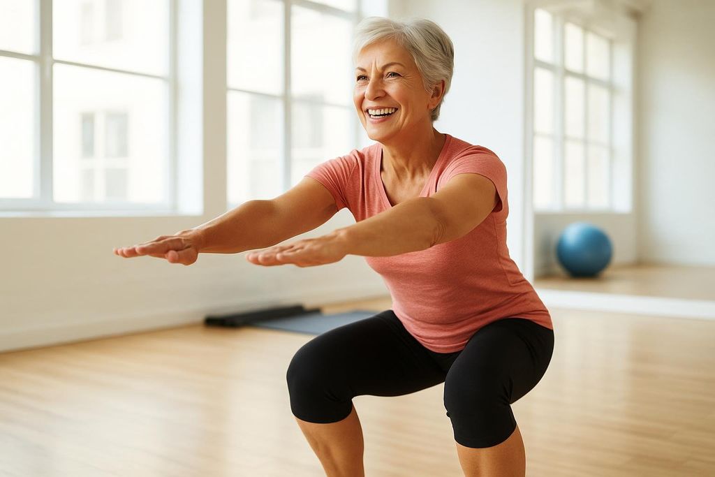 A smiling senior woman with short gray hair performs a squat in a brightly lit gym, wearing a coral t-shirt and black capri pants. Her arms are extended forward for balance. A blue exercise ball and mat are visible in the background.