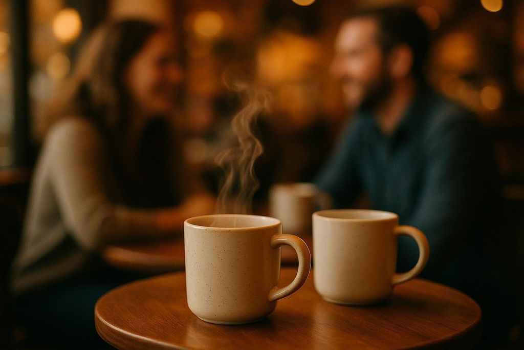 Two white coffee mugs sit on a round wooden table in a cafe, with steam rising from the mug in the foreground. Two blurry figures are seated in the background.