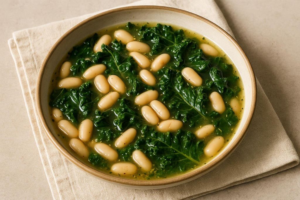 A close-up view of a bowl of Tuscan white bean and kale stew, featuring vibrant green kale and creamy white beans in a light broth, served on a textured linen placemat.