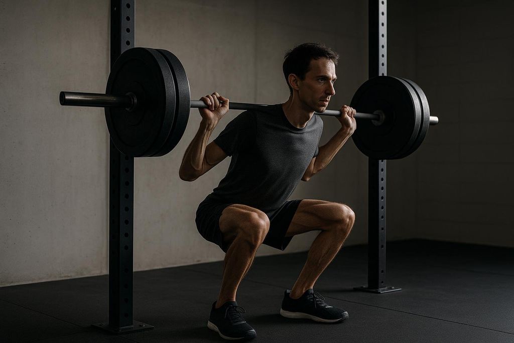 A man with a lean build performs a barbell squat in a gym, with the weight bar resting on his upper back and weights loaded on either side, in a semi-dark setting.