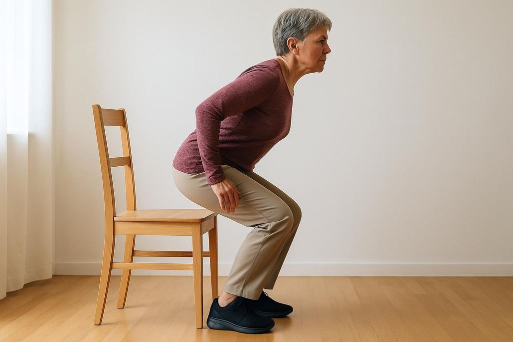An older woman with short gray hair, wearing a marron long-sleeve shirt, khaki pants, and black sneakers, is positioned as if standing up from a chair without using her hands. Her knees are bent, and her body is leaning slightly forward, indicating the motion of a chair stand test. A wooden chair is visible to her left, slightly behind her, as if she has just risen from it or is about to sit down. The background is a plain white wall with a wooden floor.