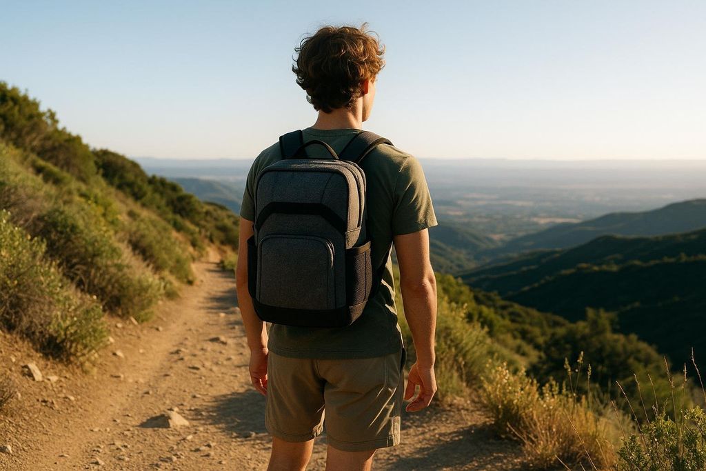 A man from behind, wearing a green t-shirt, khaki shorts, and a dark grey weighted backpack, standing on a dirt path and looking out over a vast valley and distant hills under a clear sky.