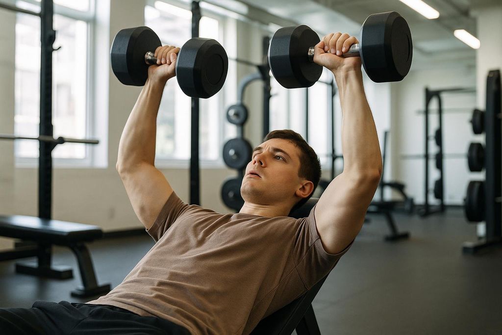 A man lies on a weight bench at the gym and performs a dumbbell press exercise.