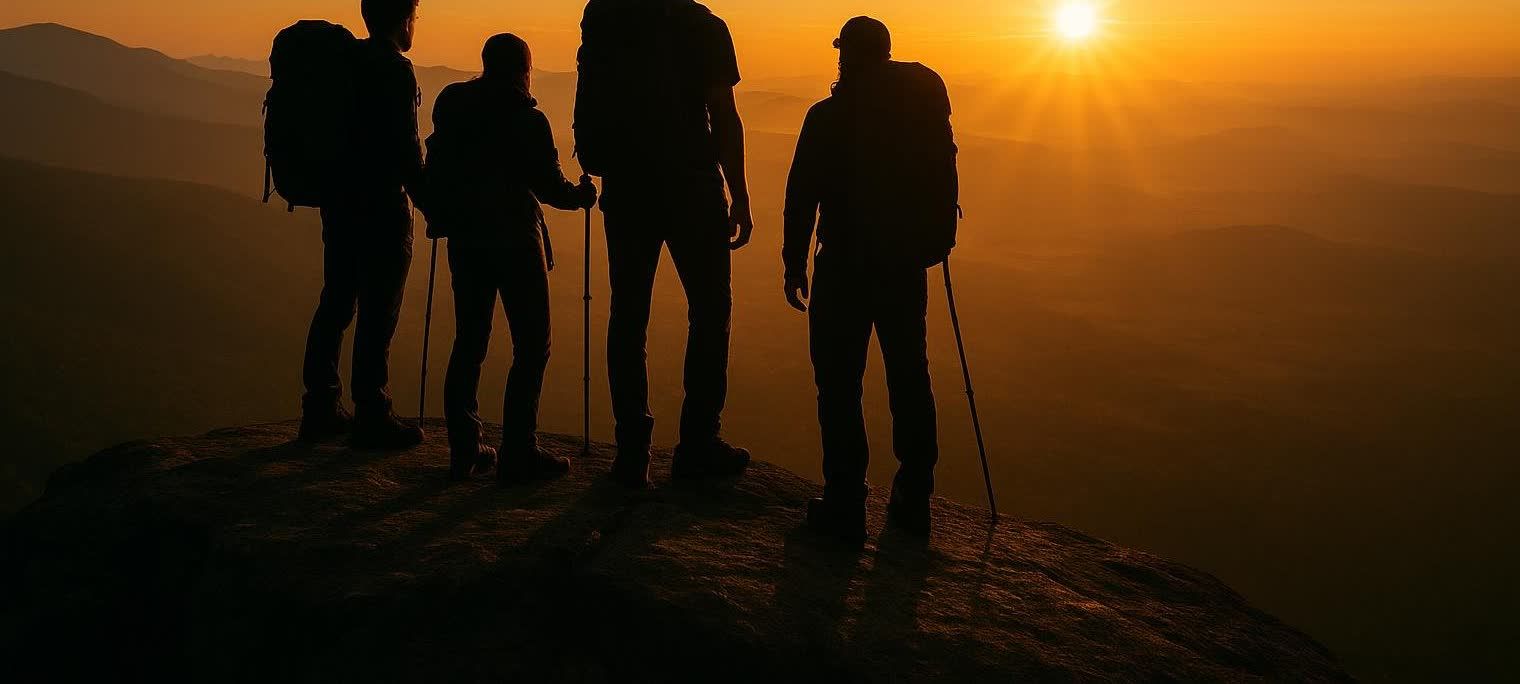 Four silhouetted hikers stand on a mountain summit, gazing at a vibrant orange sunrise over distant mountain ranges.