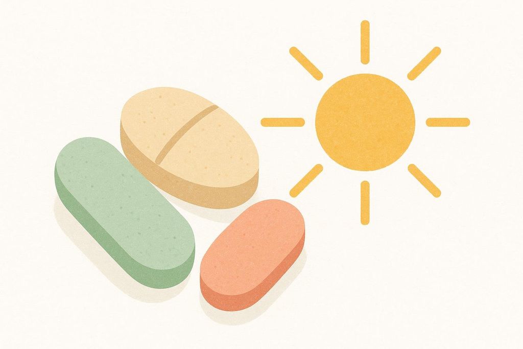An illustration of three colored vitamin pills next to a stylized yellow sun icon, representing vitamin D supplements and sunlight exposure.