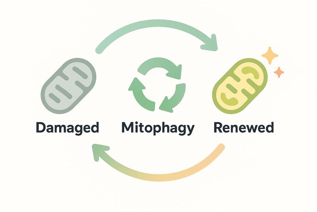 A flow diagram illustrating the process of mitophagy, showing damaged mitochondria being recycled and renewed. A grey mitochondrion labeled 'Damaged' transforms through 'Mitophagy' (represented by a green recycling symbol) into a vibrant yellow-green mitochondrion labeled 'Renewed' with sparkles, indicating improved function. Arrows show the cyclical process.