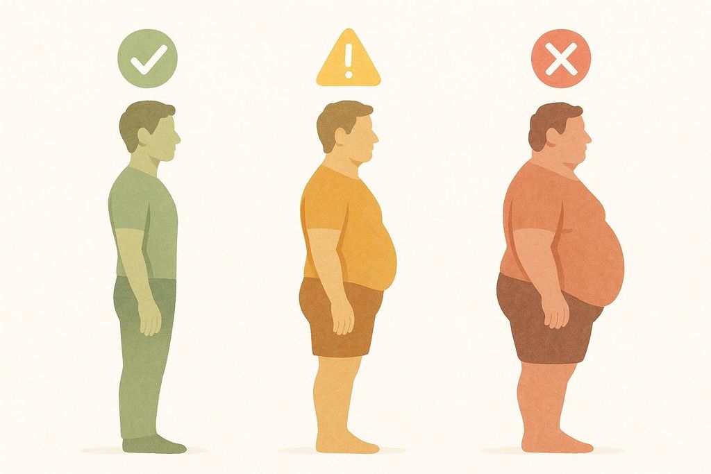 Illustration showing three male silhouettes in profile. From left to right: a man with a healthy waistline marked with a green checkmark, a man with a borderline waistline marked with a yellow exclamation mark, and a man with a high-risk waistline marked with a red 'X'. This visually represents different visceral fat ranges in men.