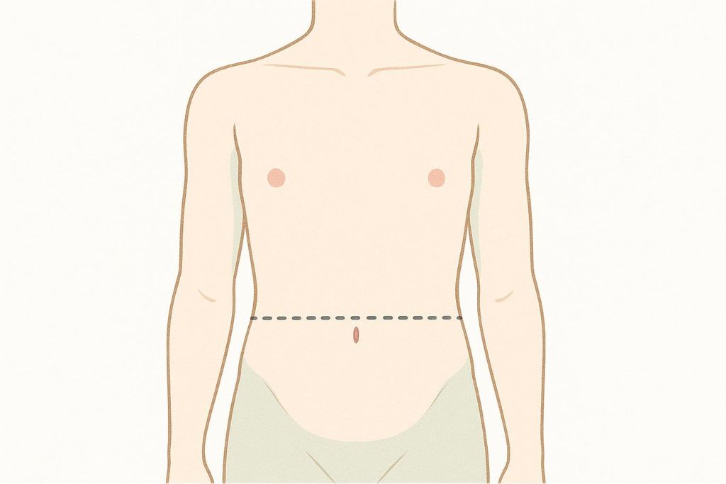 An illustration showing the correct place to measure the waist, at the midpoint between the bottom rib and hip bone. A dotted line is drawn horizontally across the bare torso at this measurement point, passing through the navel.