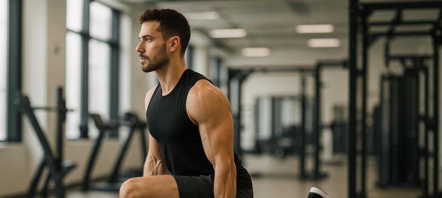 A muscular man with a beard and dark hair, wearing a black tank top and shorts, is shown in a gym performing a lunge. He is looking to the left with a focused expression, and his strong arms and shoulders are visible. The background shows blurred gym equipment and large windows.