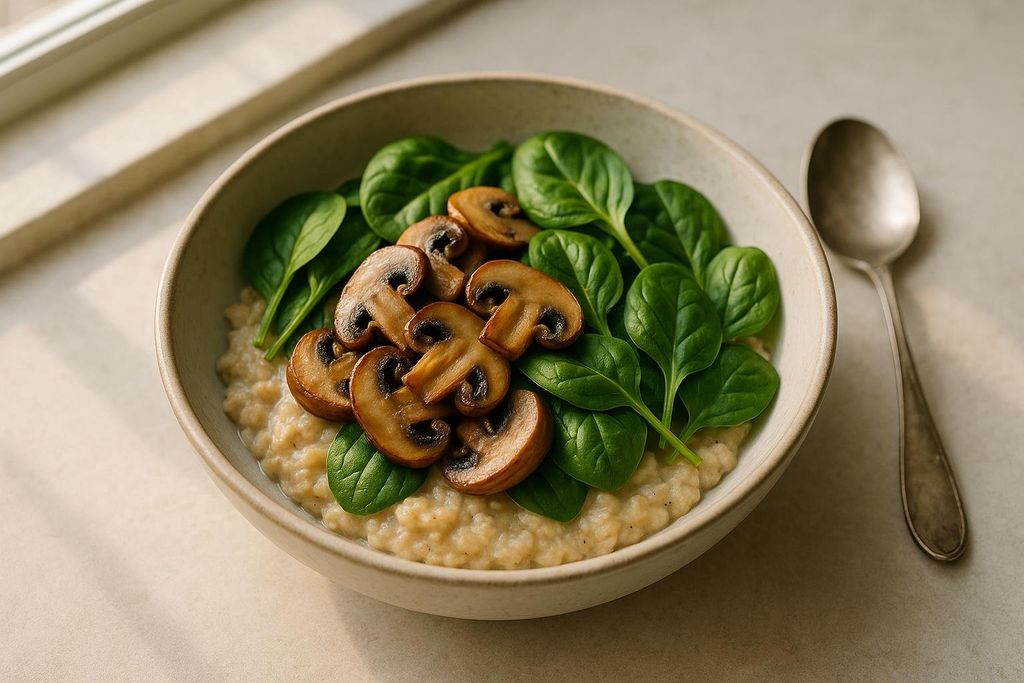 A close-up of a bowl of savory oatmeal topped with sautéed sliced mushrooms and fresh spinach leaves, next to a silver spoon.