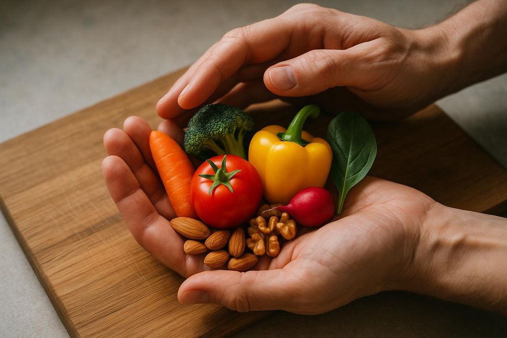 A pair of hands carefully cradling a vibrant assortment of fresh vegetables and nuts, including a carrot, tomato, broccoli, yellow bell pepper, radish, spinach leaf, almonds, and walnuts, set against a wooden cutting board.