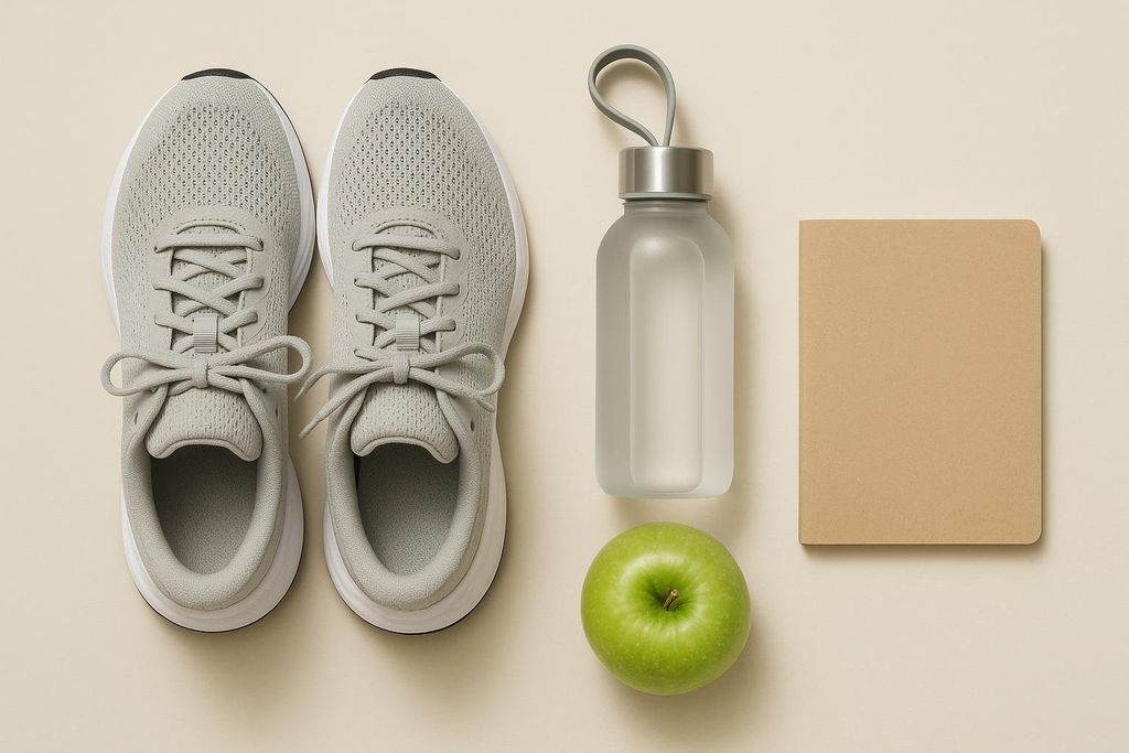 A flat lay of items for a healthy lifestyle—running shoes, water bottle, apple, and notebook—representing a whole-health approach.
