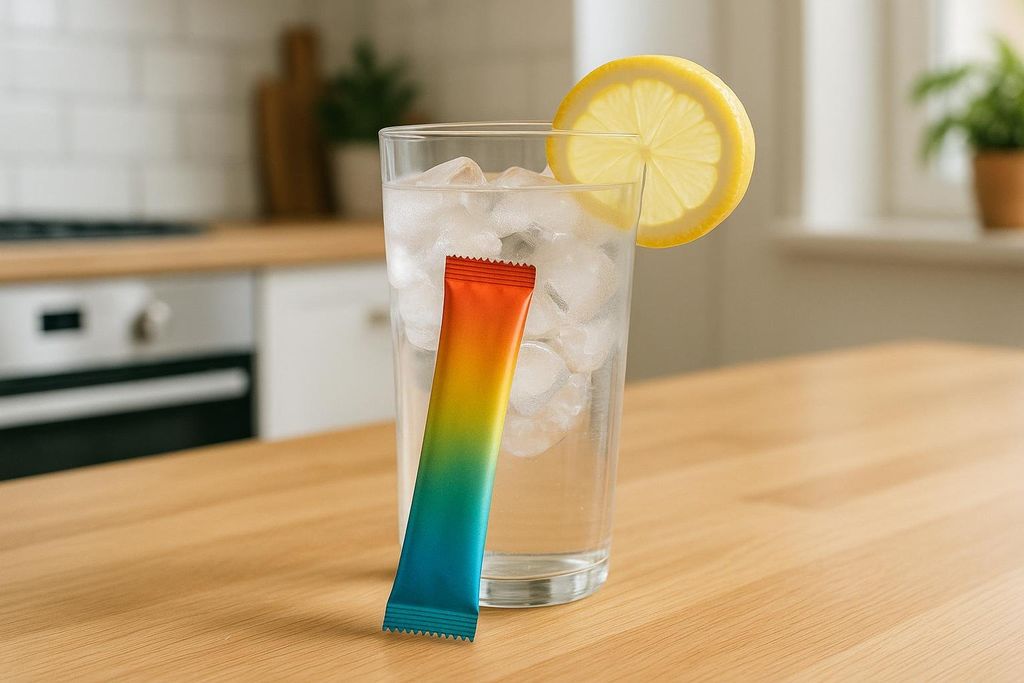 A colorful foil packet of electrolyte powder stands upright next to a glass of iced water with a lemon slice on the rim. The background shows a blurred kitchen countertop and appliances.