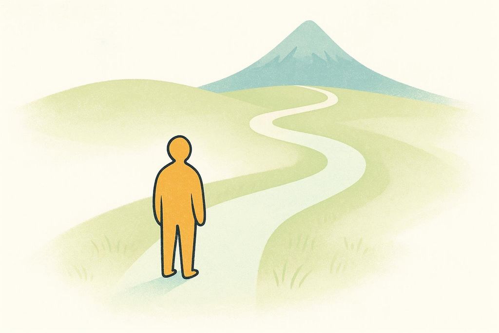 An illustration of an orange figure standing at the start of a long winding path leading towards a large blue and grey mountain on the horizon. Rolling green hills with light shadows flank the path.