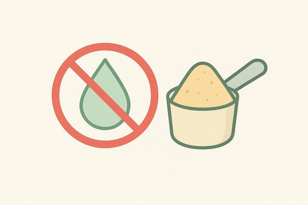 An icon illustrating a 'lactose-free' product, with a crossed-out milk drop next to a protein scoop filled with powder.
