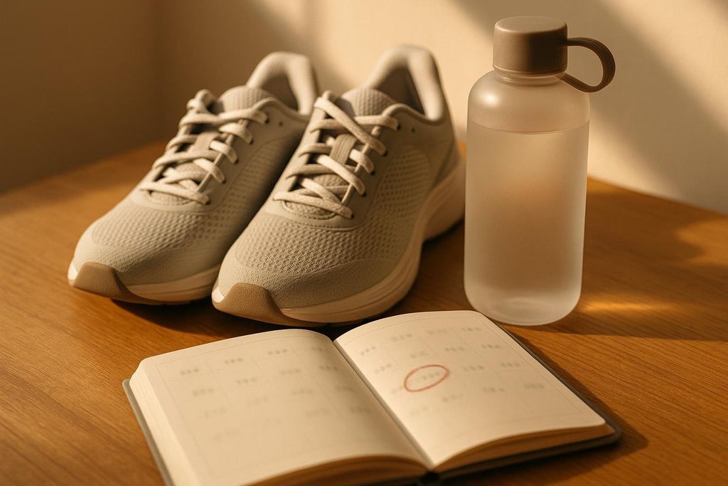 Running shoes, a water bottle, and an open calendar with a date circled in red on a wooden surface, symbolizing a planned workout or exercise.