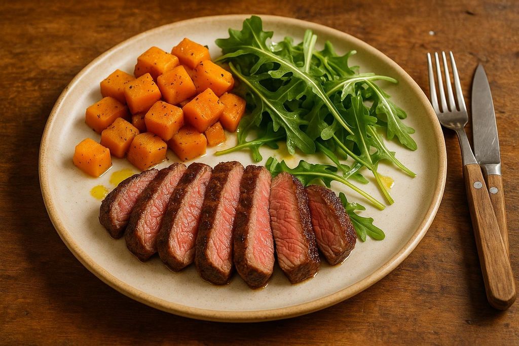 A close-up shot of a paleo meal featuring sliced steak cooked medium-rare, diced roasted butternut squash, and a fresh arugula salad on a light-colored plate. The meal is presented on a wooden surface with a fork and knife visible to the right.