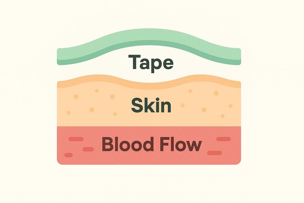 A diagram illustrating how kinesiology tape works by lifting the skin layer, creating space between the skin and the underlying tissue to improve blood flow. The layers are labeled 'Tape', 'Skin', and 'Blood Flow'.