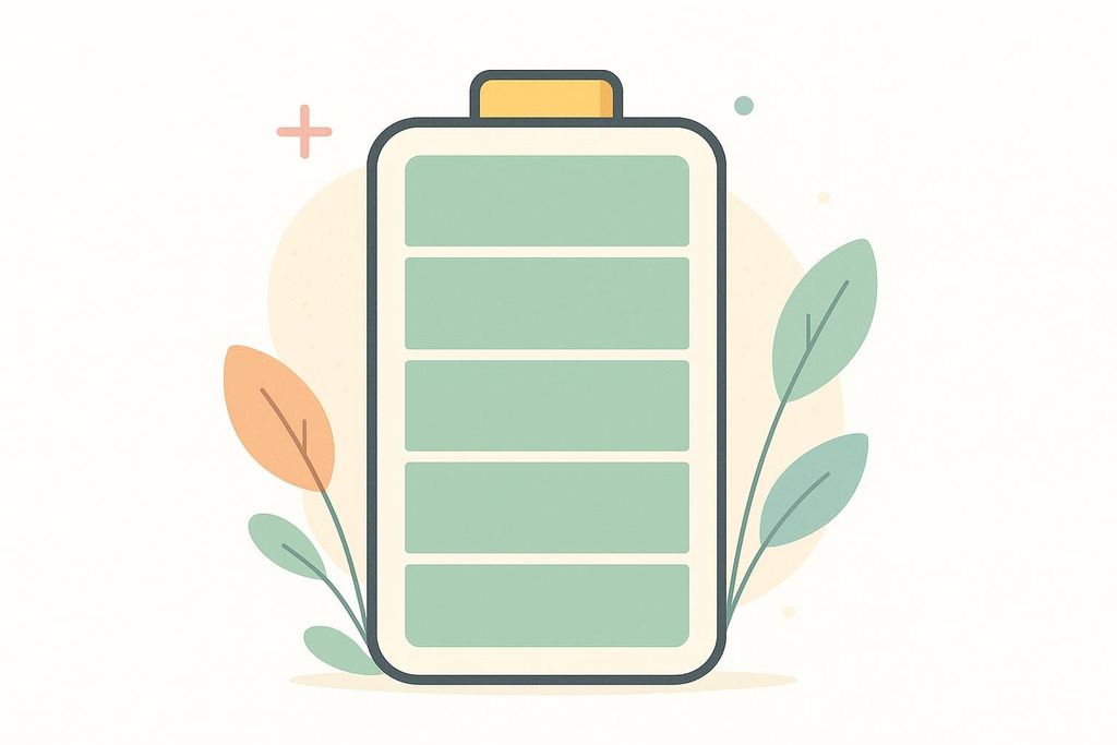 A stylized illustration of a fully charged battery icon with five green bars, surrounded by green and orange plant leaves, on a light cream background with subtle speckles and abstract shapes. It symbolizes full energy or recovery.