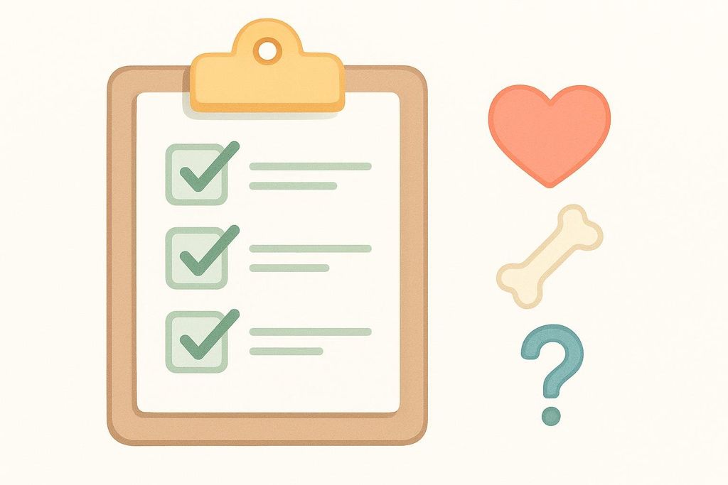 An illustration of a clipboard with a completed checklist next to icons of a heart, a bone, and a question mark, representing health assessment or safety before activity.