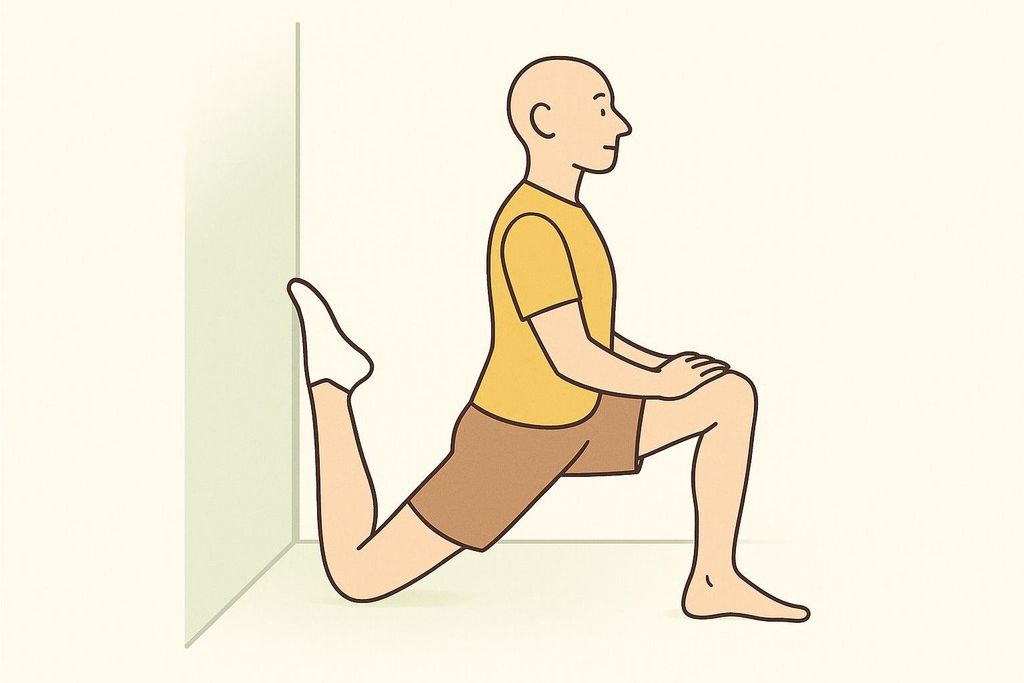 Illustration demonstrating the couch stretch for mobility, showing a person with one leg bent at the knee and foot resting against a wall behind them, with the other leg forward in a lunge position.